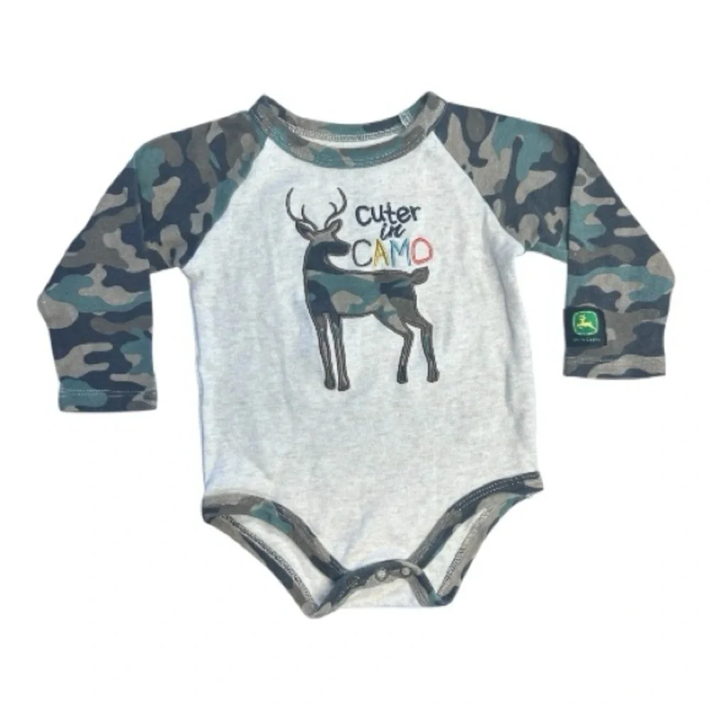 John Deere Gray and Camo Baby Bodysuit 6/9 months boys long sleeve